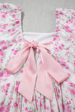 Pink Floral Print Square Neck Ribbon Knot Back Cute Mini Dress