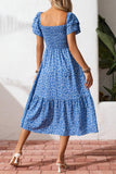 Ditsy Floral Print Smocked Square Neck Ruffle Short Sleeve Dress