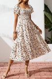 Ditsy Floral Print Smocked Square Neck Ruffle Short Sleeve Dress