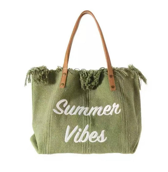 Large Embroidered Tote Bag: Green