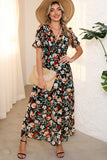 Fiery Floral Print Frilled V Neck Short Sleeve Maxi Dress