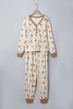 Khaki Abstract Gingerbread Print Colorblock Long Sleeve Two Piece Lounge Set