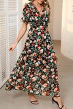 Fiery Floral Print Frilled V Neck Short Sleeve Maxi Dress