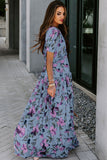 Fiery Floral Print Frilled V Neck Short Sleeve Maxi Dress