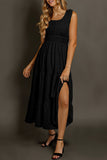 Shirred Pleated Square Neck Sleeveless Midi Dress