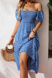 Ditsy Floral Print Smocked Square Neck Ruffle Short Sleeve Dress