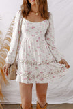 Pink Floral Print Long Sleeve Ruffle Detail Flared Mini Dress