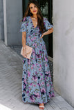 Fiery Floral Print Frilled V Neck Short Sleeve Maxi Dress