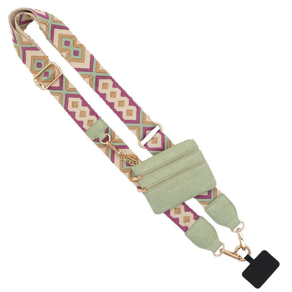 Clip & Go Crossbody Strap w/Zippered Pouch: Green/Purple Pattern