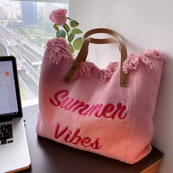 Large Embroidered Tote Bag: Pink