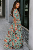 Fiery Floral Print Frilled V Neck Short Sleeve Maxi Dress