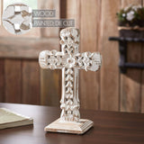 Ornate Wooden Tabletop Cross Distressed White 13"