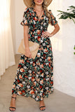 Fiery Floral Print Frilled V Neck Short Sleeve Maxi Dress