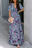 Fiery Floral Print Frilled V Neck Short Sleeve Maxi Dress