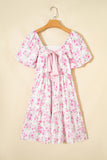 Pink Floral Print Square Neck Ribbon Knot Back Cute Mini Dress