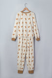 Khaki Abstract Gingerbread Print Colorblock Long Sleeve Two Piece Lounge Set