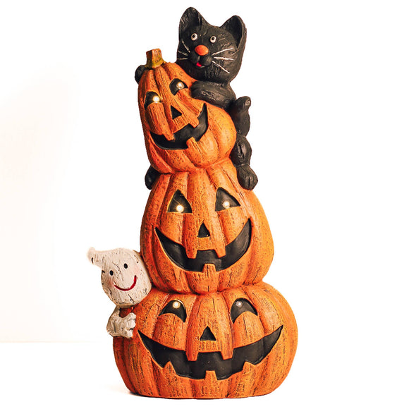 Ghost Cat Pumpkin Stack with LED Lights