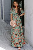 Fiery Floral Print Frilled V Neck Short Sleeve Maxi Dress