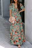 Fiery Floral Print Frilled V Neck Short Sleeve Maxi Dress
