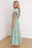 Solid Color V Neck Short Puff Sleeve High Waist Tiered Maxi Dress
