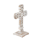 Ornate Wooden Tabletop Cross Distressed White 13"