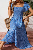 Ditsy Floral Print Smocked Square Neck Ruffle Short Sleeve Dress