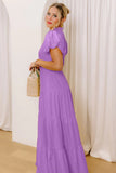 Solid Color V Neck Short Puff Sleeve High Waist Tiered Maxi Dress