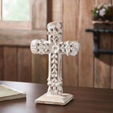 Ornate Wooden Tabletop Cross Distressed White 13"