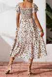 Ditsy Floral Print Smocked Square Neck Ruffle Short Sleeve Dress