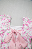 Pink Floral Print Square Neck Ribbon Knot Back Cute Mini Dress