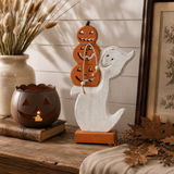 Ghost with Stacked Pumpkins Wood Figurine Halloween Decor